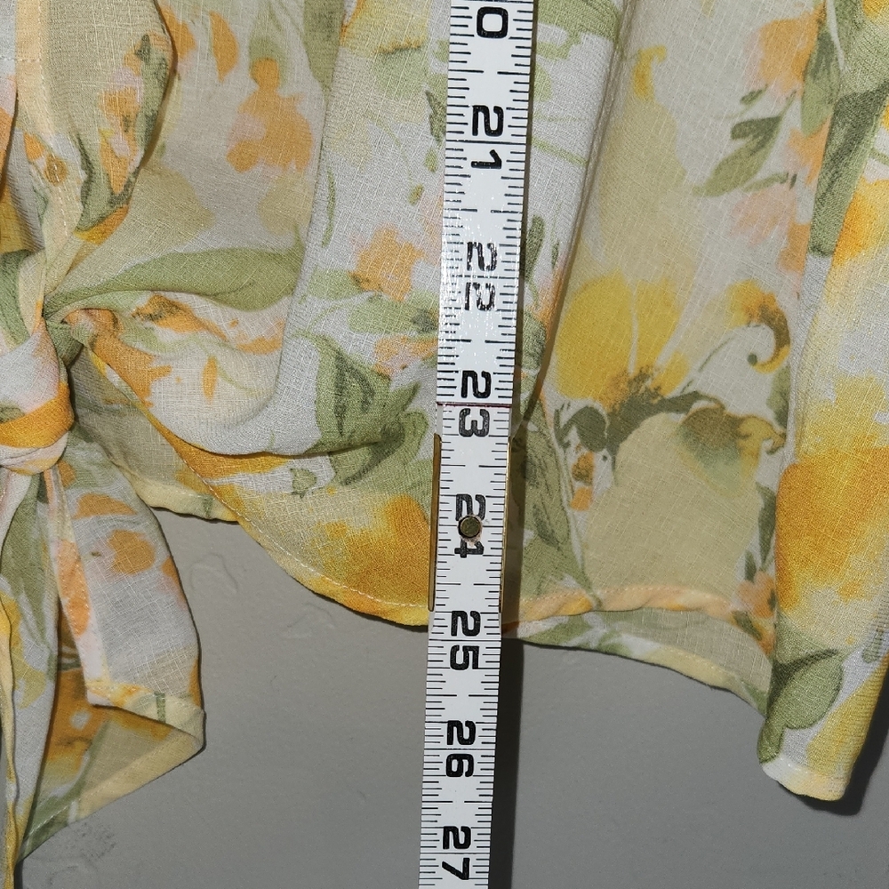 C By One, Floral Yellow and Green, Tie Front 3/4 Sleeve Blouse. SKU C05 - Picture 7 of 9